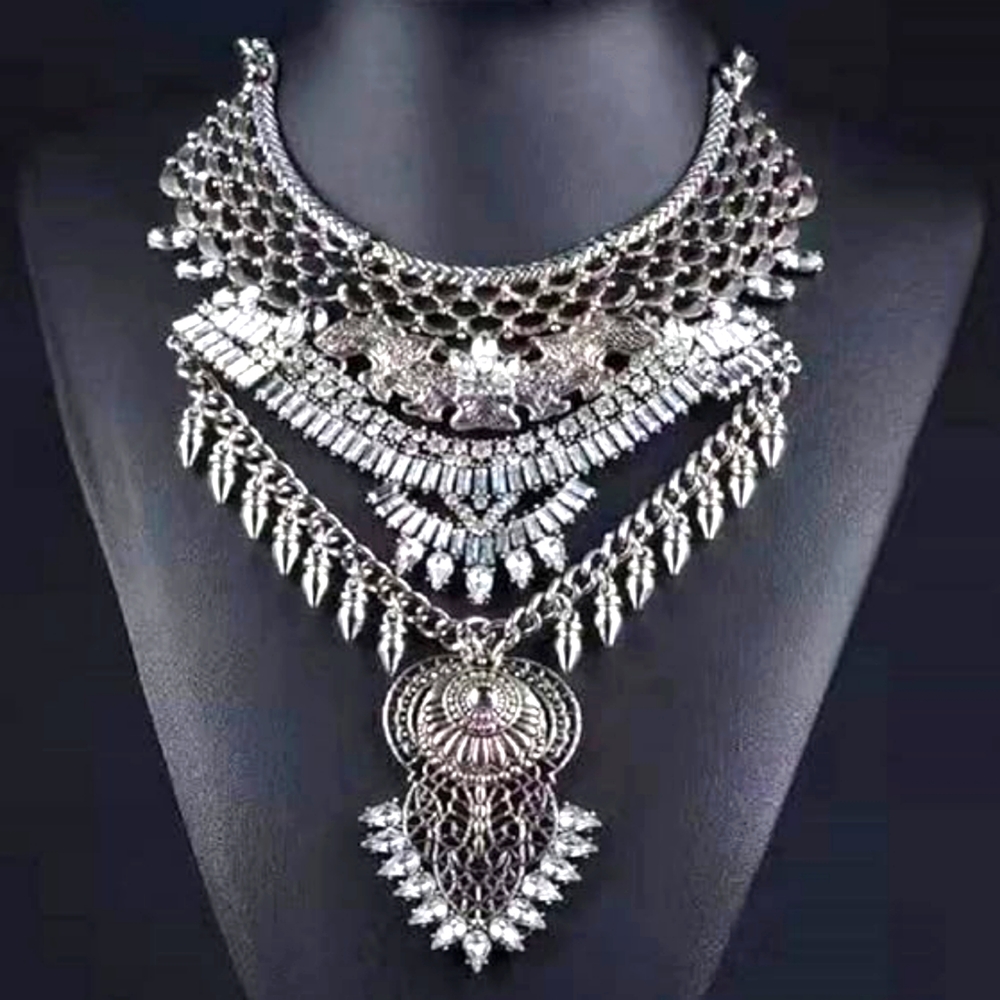 Exotic Bohemian Silver Color Rhinestone Necklace